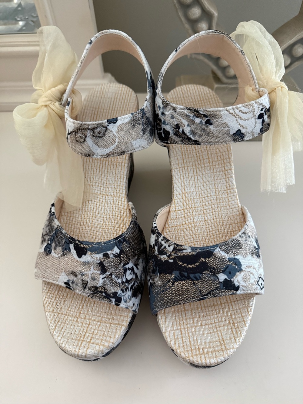 Floral Lace Wedge Sandals with Cream Bow Accent - Picture 2 of 6